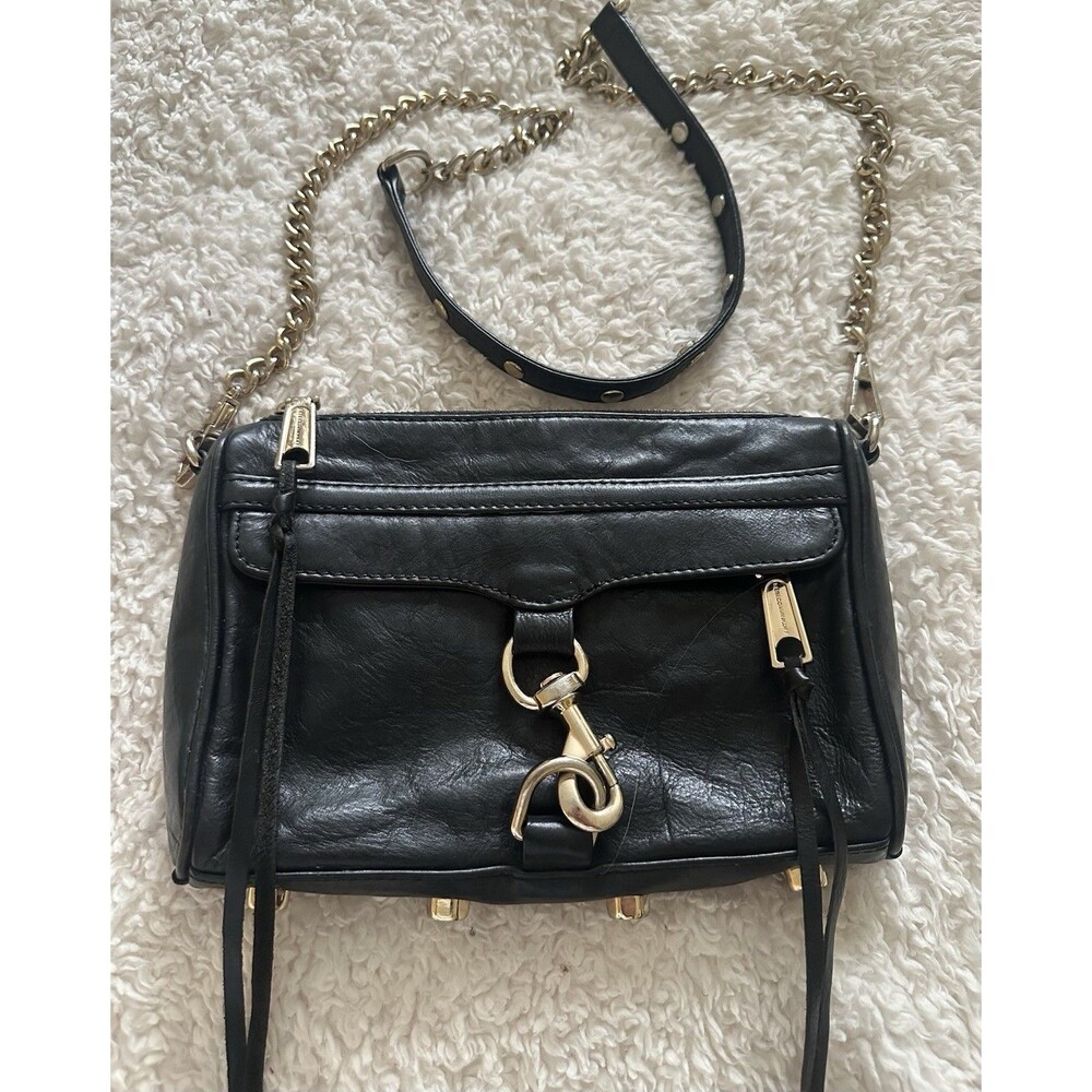 REBECCA MINKOFF Black Leather Gold Hardware Chain Strap MAC Handbag Crossbody 9”